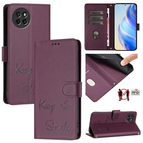 Funda de Cuero Rfid con Relieve Sonriente para Teléfono Itel S23 S665L (Violeta)