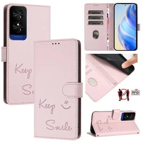 Funda de Cuero Rfid con Relieve Sonriente para Teléfono TCL 50 5G (Rosa)