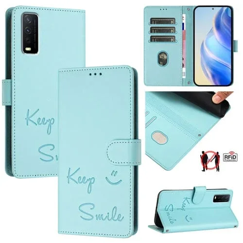 Funda de Cuero Rfid con Relieve Sonriente para Vivo Y12S/Iqoo U1X (Verde Menta)