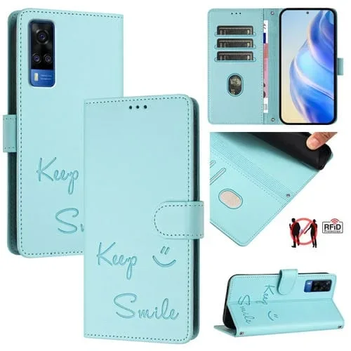 Funda de Cuero Rfid con Relieve Sonriente para Vivo Y53S 4G/Y51A 2021 (Verde Menta)