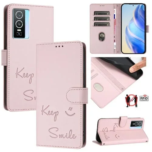 Funda de Cuero Rfid con Relieve Sonriente para Vivo Y76 5G (Rosa)