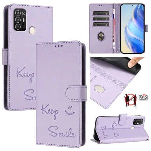 Funda de Cuero Rfid con Relieve Sonriente para ZTE Blade A52 (Morado Claro)