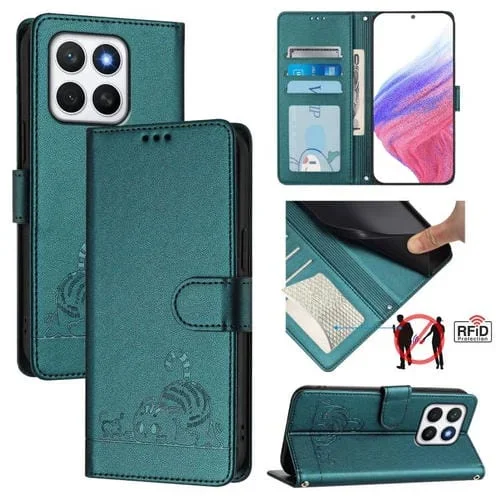 Funda de Cuero Rfid Honor X8C 4G Global con Estampado de Rata y Gato En Relieve y Cordón (Verde Pavo Real)