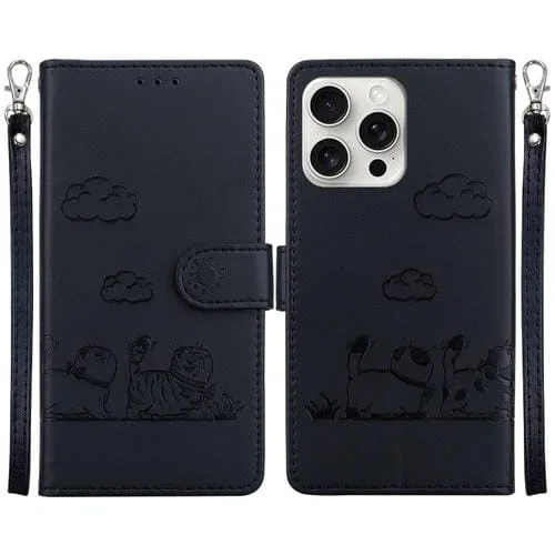 Funda de Cuero Rfid iPhone 16 Pro Max Diseño de Gatos (Negra)