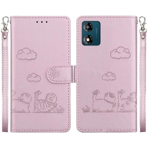 Funda de Cuero Rfid Motorola Moto E13 con Diseño de Gatos (Oro Rosa)