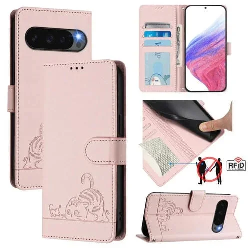 Funda de Cuero Rfid para Google Pixel 10 5G Global con Estampado de Rata y Gato en Relieve y Cordón (Rosa)