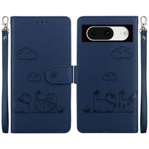 Funda de Cuero Rfid para Google Pixel 8 con Diseño de Gatos (Azul)