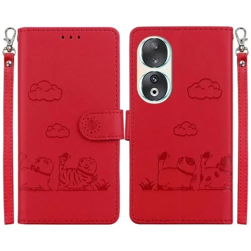 Funda de Cuero Rfid para Honor 90 con Diseño de Gatos (Roja)