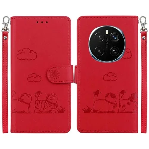 Funda de Cuero Rfid para Honor Magic7 Pro con Diseño de Gatos (Roja)