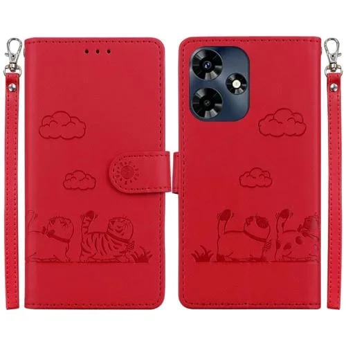 Funda de Cuero Rfid para Infinix Hot 30 4G con Diseño de Gatos (Rojo)