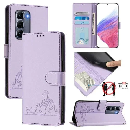 Funda de Cuero Rfid para Infinix Hot 50 Pro+ 4G con Estampado de Rata y Gato y Cordón (Morado)