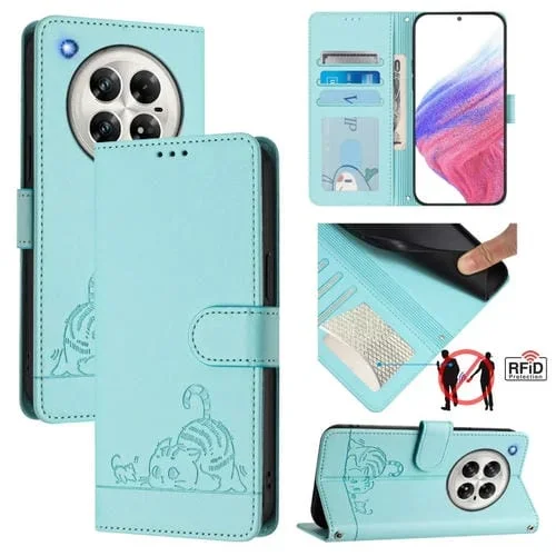 Funda de Cuero Rfid para Infinix Zero 40 4G/5G con Estampado de Rata y Gato y Cordón (Verde Menta)