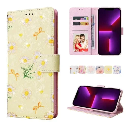 Funda de Cuero Rfid para iPhone 13 Pro Pintura Bronceadora (Margarita Amarilla)