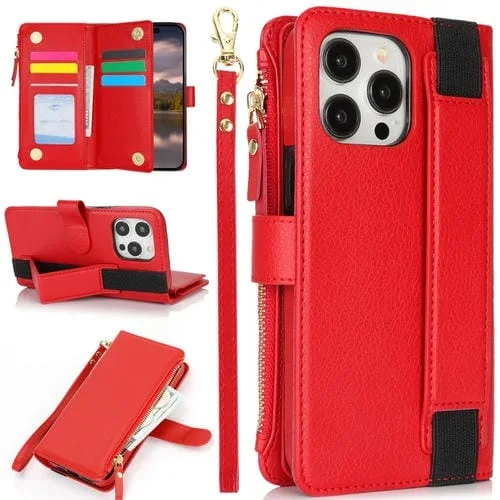 Funda de Cuero Rfid para iPhone 16 Pro con Cierre de Cremallera y Correa para la Muñeca (Rojo)