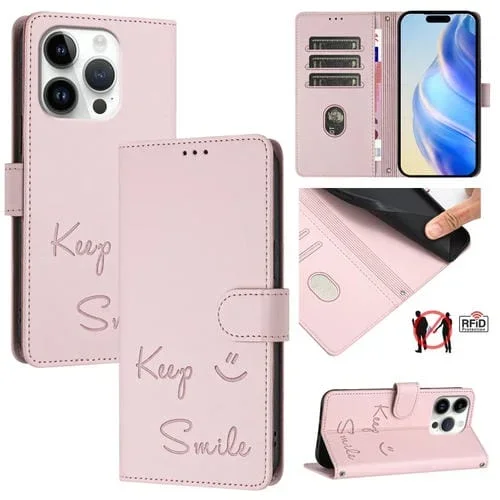 Funda de Cuero Rfid para iPhone 16 Pro con Relieve de Sonrisa (Rosa)