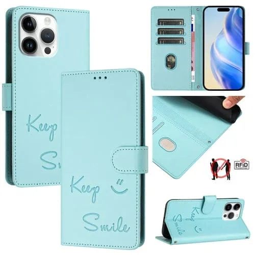 Funda de Cuero Rfid para iPhone 16 Pro Max con Relieve de Sonrisa (Verde Menta)