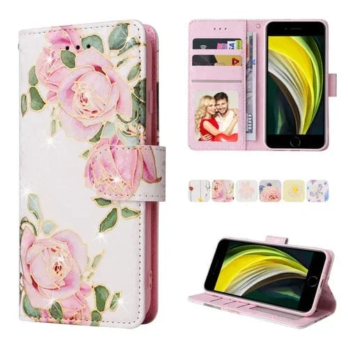 Funda de Cuero Rfid para iPhone Se 2022 / Se 2020 / 7 / 8 con Pintura Bronceadora (Flor de Rosa)