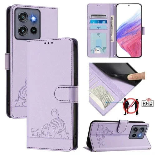Funda de Cuero Rfid para Motorola Edge 50 Neo con Estampado en Relieve de Gato y Rata y Cordón (Morado)