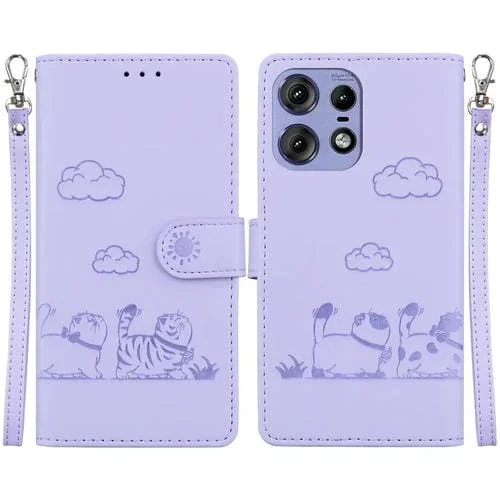 Funda de Cuero Rfid para Motorola Edge 50 Pro con Diseño de Gatos (Morado)