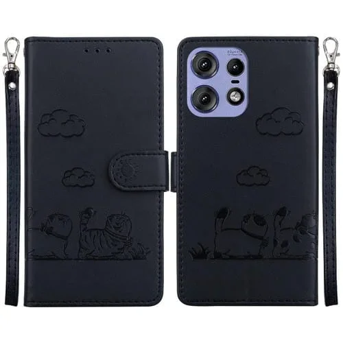 Funda de Cuero Rfid para Motorola Edge 50 Pro con Diseño de Gatos (Negra)