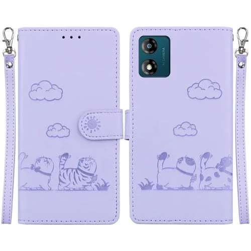 Funda de Cuero Rfid para Motorola Moto E13 con Diseño de Gatos (Morado)
