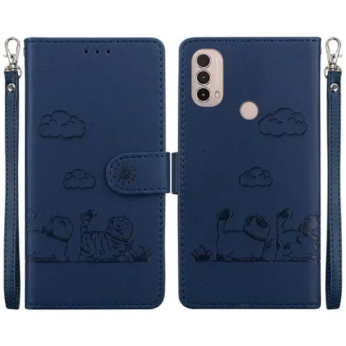 Funda de Cuero Rfid para Motorola Moto E40/E30/E20 con Diseño de Gatos (Azul)