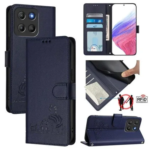 Funda de Cuero Rfid para Motorola Moto G15 con Cordón y Estampado de Rata y Gato (Azul)