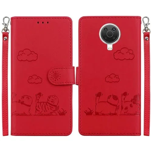Funda de Cuero Rfid para Nokia G10/G20 con Diseño de Gatos (Roja)