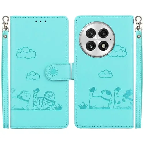 Funda de Cuero Rfid para OnePlus 13 con Diseño de Gatos (Verde)