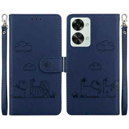 Funda de Cuero Rfid para OnePlus Nord 2T con Diseño de Gatos (Azul)