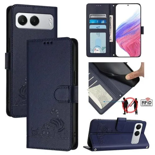 Funda de Cuero Rfid para OnePlus Nord 4 5G con Estampado de Rata y Gato en Relieve y Cordón (Azul)