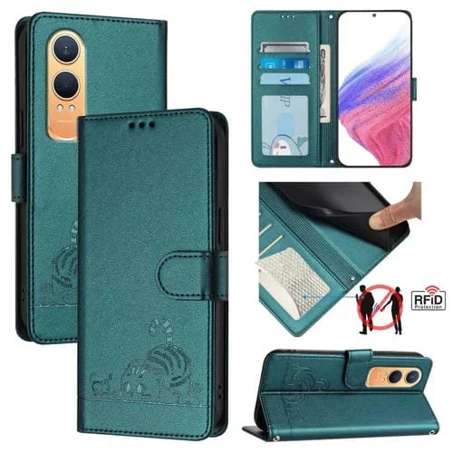 Funda de Cuero Rfid para OnePlus Nord Ce4 Lite con Estampado de Rata y Gato en Relieve y Cordón (Verde Pavo Real)