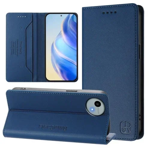 Funda de Cuero RFID para Sharp Aquos Wish4 Sh-52E Rc01 con Doble Pliegue y Succión Magnética (Azul Oscuro)