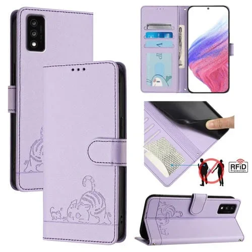 Funda de Cuero Rfid para TCL 30T T603Dl con Estampado de Rata y Gato y Cordón (Morado)