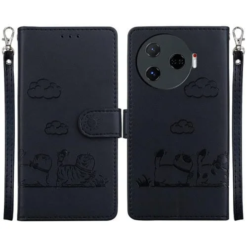 Funda de Cuero Rfid para Tecno Camon 30 Pro 5G con Diseño de Gatos (Negra)