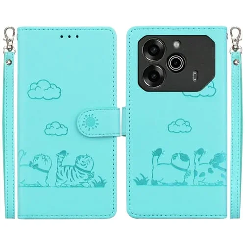Funda de Cuero Rfid para Tecno Pova 6 5G y Pova 6 Pro 5G con Diseño de Gatos (Verde)