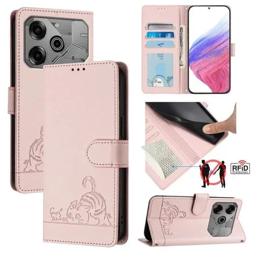 Funda de Cuero Rfid para Tecno Pova 6 Neo con Cordón Estampado Rata y Gato (Rosa)