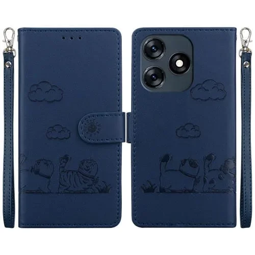 Funda de Cuero Rfid para Tecno Spark 10 4G y Spark 10C con Diseño de Gatos (Azul)