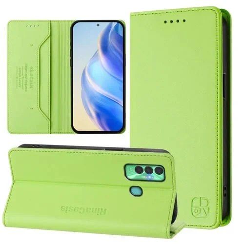 Funda de Cuero Rfid para Tecno Spark 7P Rc01 con Doble Pliegue y Succión Magnética (Verde Hierba)