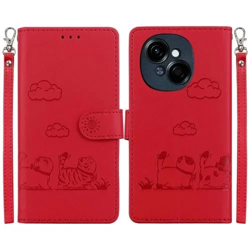 Funda de Cuero Rfid para Tecno Spark Go 1 Pop 9 con Diseño de Gatos (Rojo)