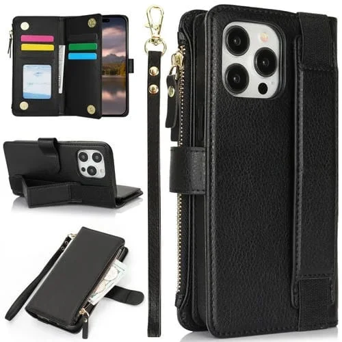 Funda de Cuero Rfid para Teléfono iPhone 16 Pro con Cierre de Cremallera y Soporte para Pulsera (Negro)