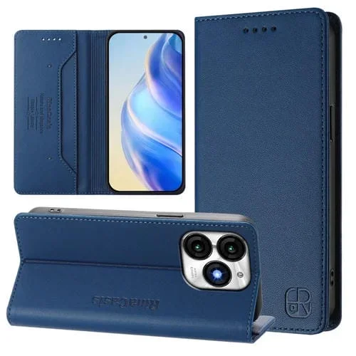 Funda de Cuero Rfid para Teléfono Itel A70 Rc01 con Doble Pliegue y Succión Magnética (Azul Oscuro)