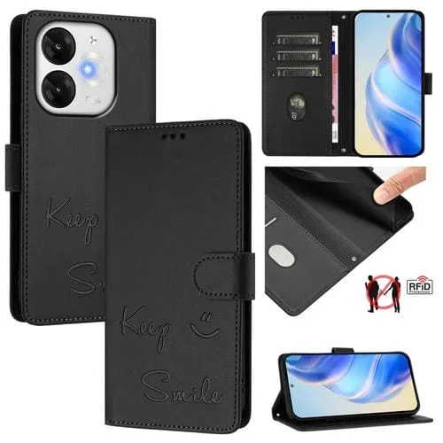 Funda de Cuero Rfid para Teléfono Itel A80 4G con Relieve Sonriente (Negra)