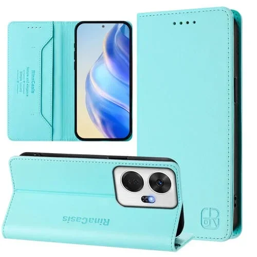 Funda de Cuero Rfid para Teléfono Itel P55+ Rc01 con Doble Pliegue y Succión Magnética (Verde Menta)
