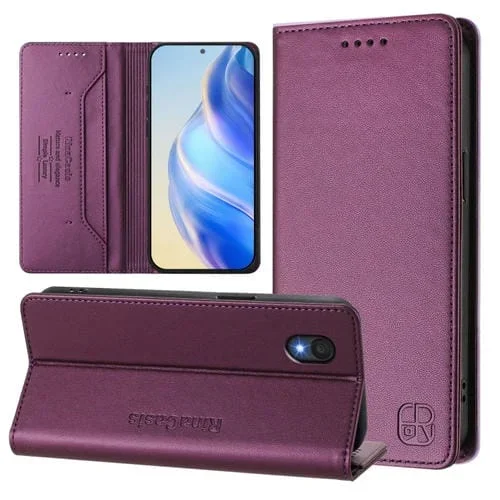 Funda de Cuero Rfid para Teléfono TCL 201 Rc01 con Doble Pliegue y Succión Magnética (Violeta)