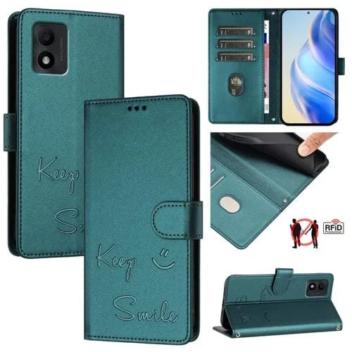Funda de Cuero Rfid para Teléfono TCL 303 con Relieve Sonriente (Verde Pavo Real)