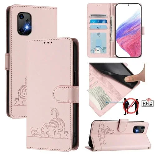 Funda de Cuero Rfid para Umidigi Bison X20 con Relieve de Rata y Gato y Cordón (Rosa)