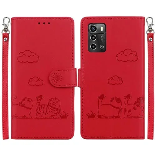 Funda de Cuero Rfid para ZTE Blade A72 y V40 Vita con Diseño de Gatos (Rojo)