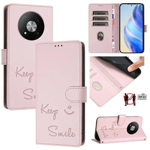 Funda de Cuero Rfid para ZTE Blade A73 5G con Relieve Sonriente (Rosa)