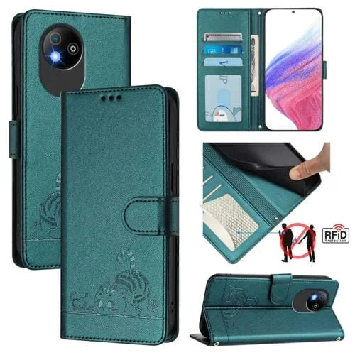 Funda de Cuero Rfid ZTE Blade A35 Lite con Estampado de Rata y Gato y Cordón (Verde Pavo Real)
